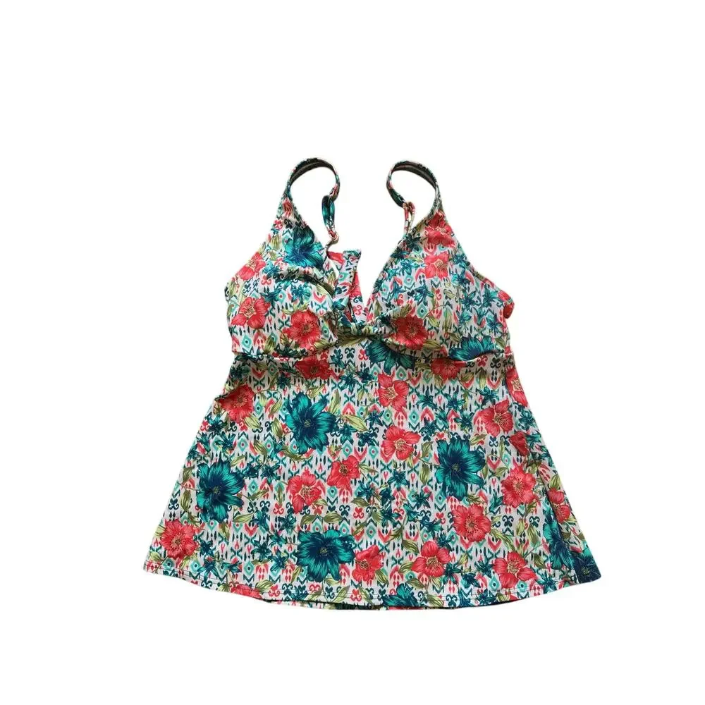 Vacay Ready Swim Solutions Women’s Bow Tankini Top | Blue Floral | Size 10 | NWT